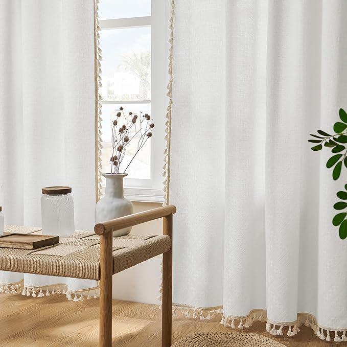 Joydeco White Boho Curtains 84 Inch Length 2 Panels, Super Soft Bohemian Farmhouse Curtains with Tassels, Semi Sheer Light Filtering Drapes for Bedroom Living Room (Rod Pocket, 52Wx84L)
