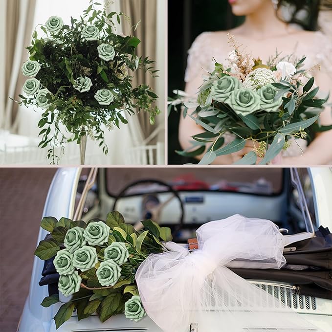Artificial Flowers 50Pcs Elf Gree Roses Real Looking Foam Fake Roses with Leaves for DIY Wedding Bouquets Bridal Shower Centerpieces Party Decorations (Elf Green, 50)