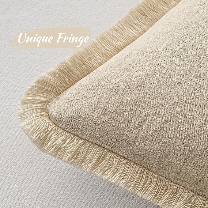 MIULEE Decorative Throw Pillow Covers Neutral Linen Fringe Throw Pillows Set of 2 Beige Boho Farmhouse Cushion Covers with Tassels for Couch Sofa Bed Living Room Spring Home Decor 20x20 Inch