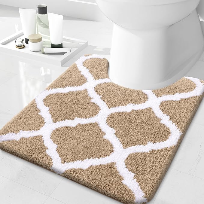 OLANLY U-Shaped Bathroom Rug 24x20, Soft Absorbent Microfiber, Non-Slip Plush Shaggy Mat, Machine Washable Contour Bath Rugs for Toilet Base, Beige