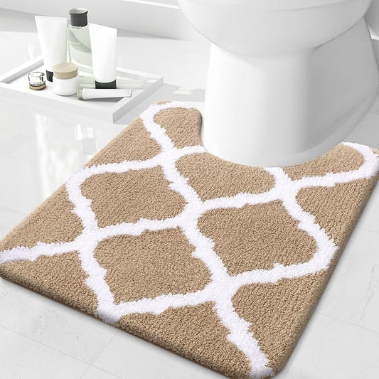OLANLY U-Shaped Bathroom Rug 24x20, Soft Absorbent Microfiber, Non-Slip Plush Shaggy Mat, Machine Washable Contour Bath Rugs for Toilet Base, Beige