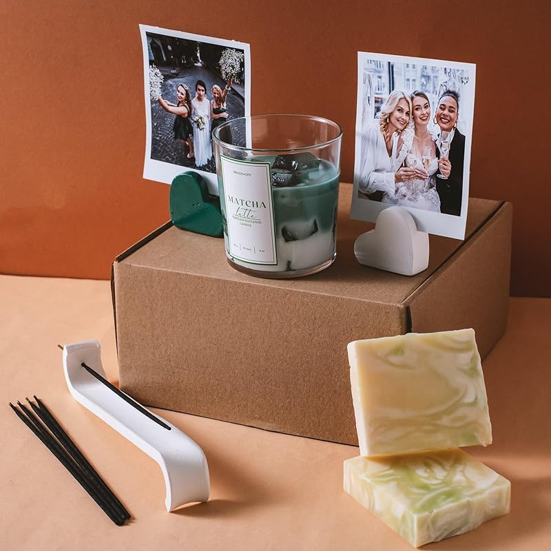 Matcha Latte Gift Set – Soy Wax Candle, Aloe Vera Soap, Ceramic Incense Holder, Heart-Shaped Photo Holders, and Incense Sticks – Perfect for Birthdays, Christmas, and Housewarming Gifts