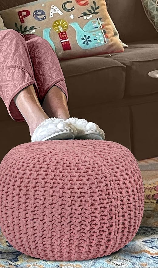 COTTON CRAFT Round Dori Pouf - Cotton Braid Cord Cable Knitted Ottoman - Foot Stool - Footrest - Floor Pouf - Woven Ottoman - Bean Bag - Living Room Dorm - 20 inches Diameter x 14 Height - Blush Pink