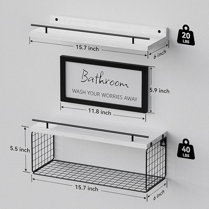 WOPITUES Floating Shelves for Bathroom Wall Decor Sign, Bathroom Organizer and Storage, Bathroom Shelves Over Toilet with Metal Guardrail-Modern White