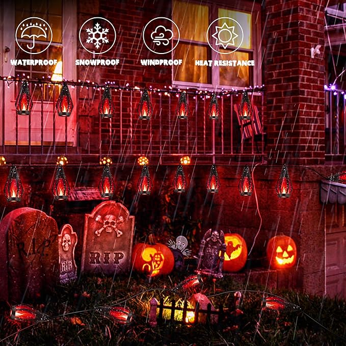 iBaycon Solar Halloween Lights, 42Ft 15 LED Bulbs Flickering Flame String Light, Outdoor Waterproof Solar Flame Lights for Garden Yard Patio Halloween Decorations (Red)