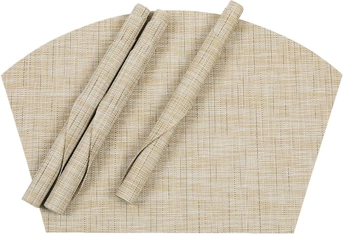 SHACOS Small Round Table Placemats Wedge Placemat Set of 4 Non Slip Heat Resistant Woven Vinyl Table Mats Wipe Clean Indoor Outdoor (4, Beige Yellow)