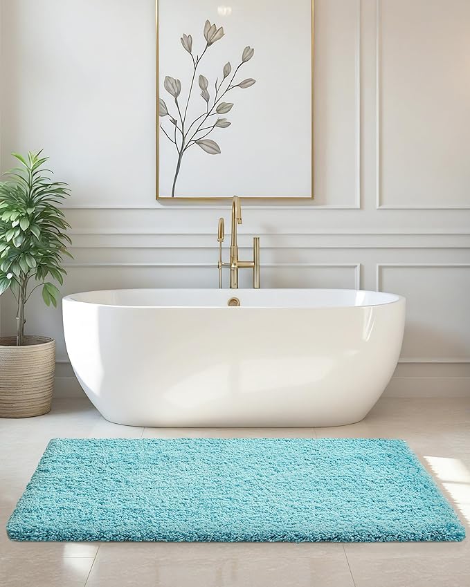 ILANGO Teal Bathroom Rugs 48" × 24" Non Slip & Super Absorbent Extra Thick Soft, Washable Bath Mat for Floor, Microfiber Plush Shaggy Bath Rug with Rubber for Bathtub Shower Room Sink