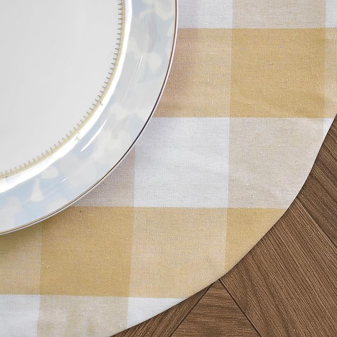 Beige & White Round Placemat Cotton Buffalo Check Plaid Gingham 15 Inch eco-Friendly Fabric Handcrafted Machine Washable Indoor & Outdoor Tablemat Set of 4