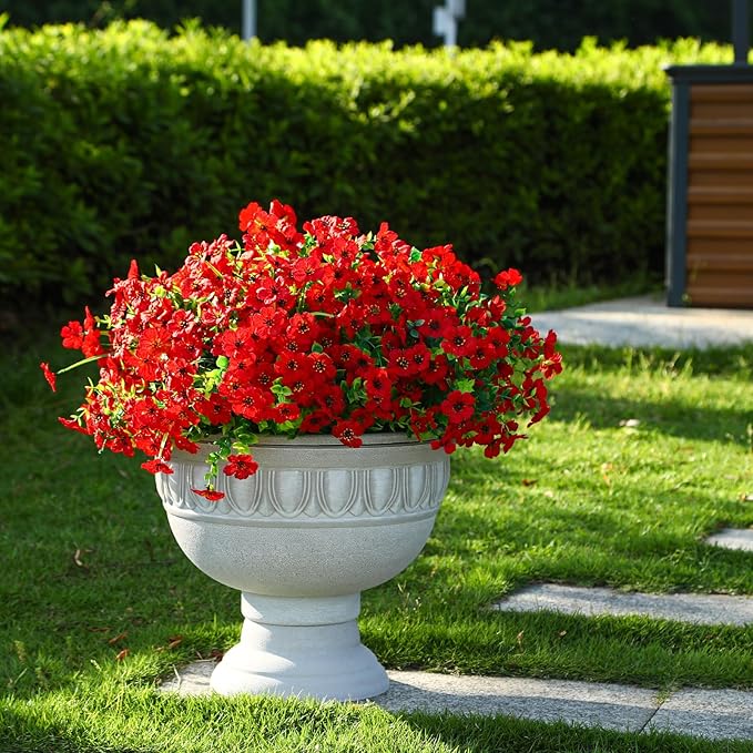 24 Bundles Artificial Flowers for Outdoors Decoration, UV Resistant Silk Violet Faux Colorful Daisy Eucalyptus Spring Fake Plants for Outside Indoor Yard Home Patio Porch Decor, Red