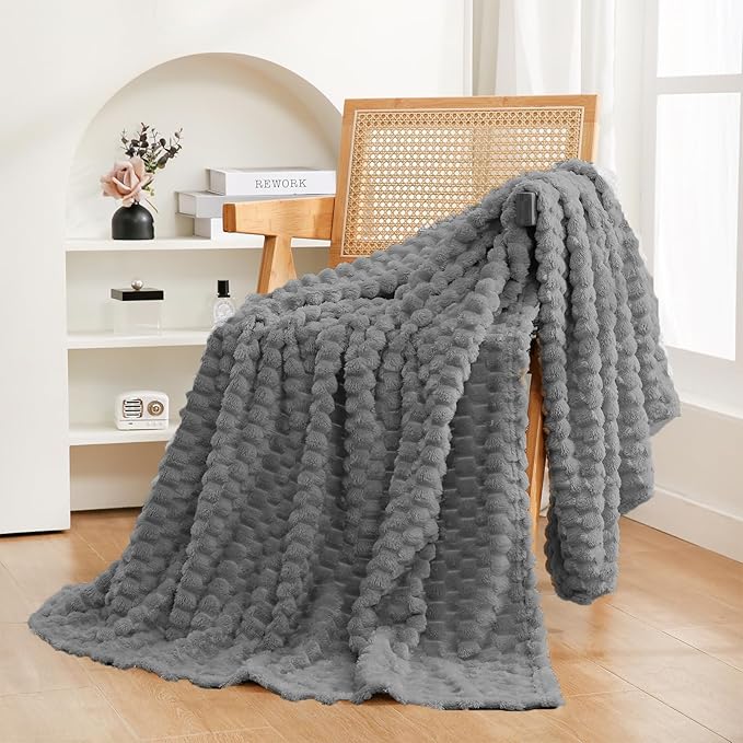 Puncuntex Grey Throw Blanket 50"×60" inches Fuzzy 3D Jacquard Decorative Flannel Fleece Super Soft Plush Cozy Blanket for Couch Sofa Chair Lightweight