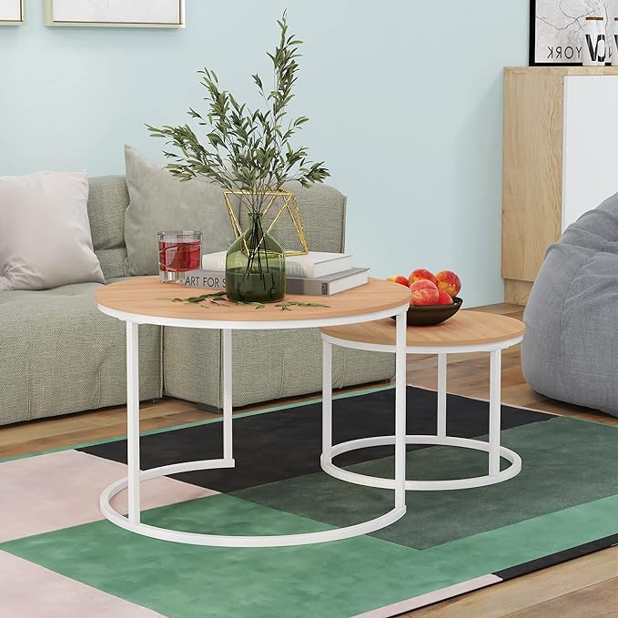 Round Coffee Table Set of 2 End Table for Living Room,Stacking Side Tables,Sturdy& Easy Assembly,Wood Look Accent Furniture with Metal Frame,Industrial/Modern Coffee Table White+Teak OAKDK