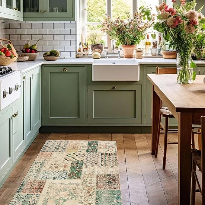 Boho Kitchen Rug Washable,4x6 Non Slip Small Area Rug for Bathroom Bedroom Indoor Entrway Ultra Thin Fit Under Door,Light Tan Beige Brown and Dark Green Rust Burnt Orange