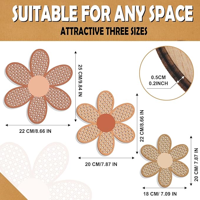 Maitys 3 Pieces Boho Daisy Wall Decor Natural Rattan Flower Wall Hanging Art Wooden Boho Art Nursery Flowers Farmhouse Hanging Decor for Home Office Nursery(Fresh Color)