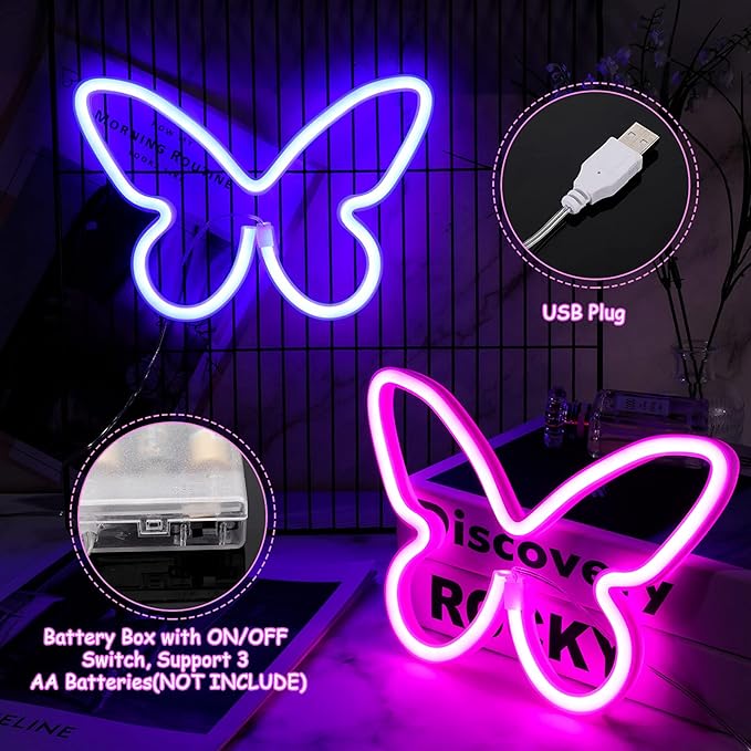 Riakrum 2 Pcs Butterfly Neon Signs LED Light 3AA Battery Powered USB Operated Wall Neon Light Decor Butterfly Wall Art for Christmas Home Bedroom Birthday Party Decor(Pink, Blue)