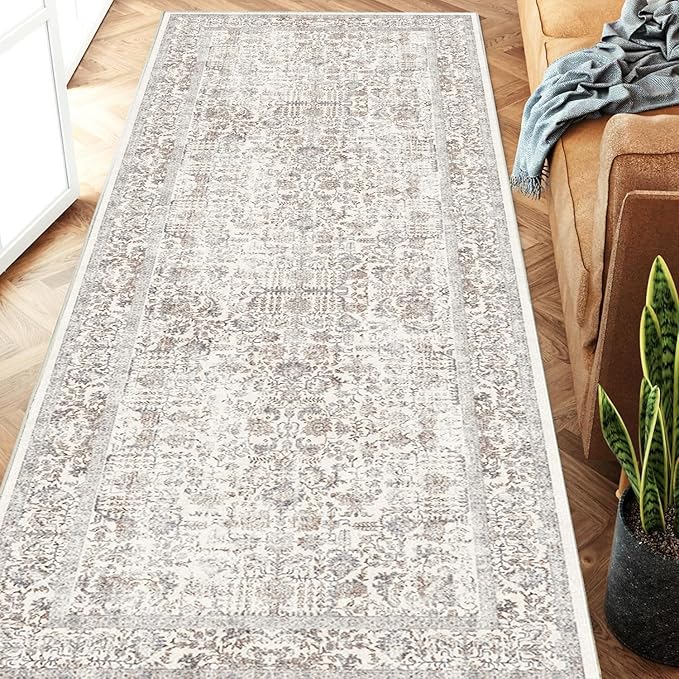 Taupe Runner Rug 2x12 Hallway Machine Washable Kitchen Vintage Distressed Non Slip Long Carpet Indoor Retro Floral Bedroom Accent Throw Rug for Bathroom Office Laundry Dining Living Room