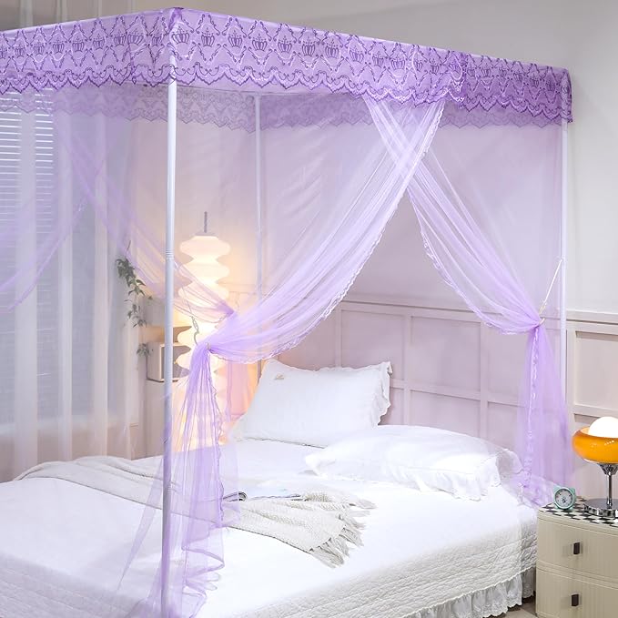 Bed Canopy, Princess Bed Curtain Net for Girls & Adults,Three-Doors Rectangle Lace Dome Netting (Purple, Queen)