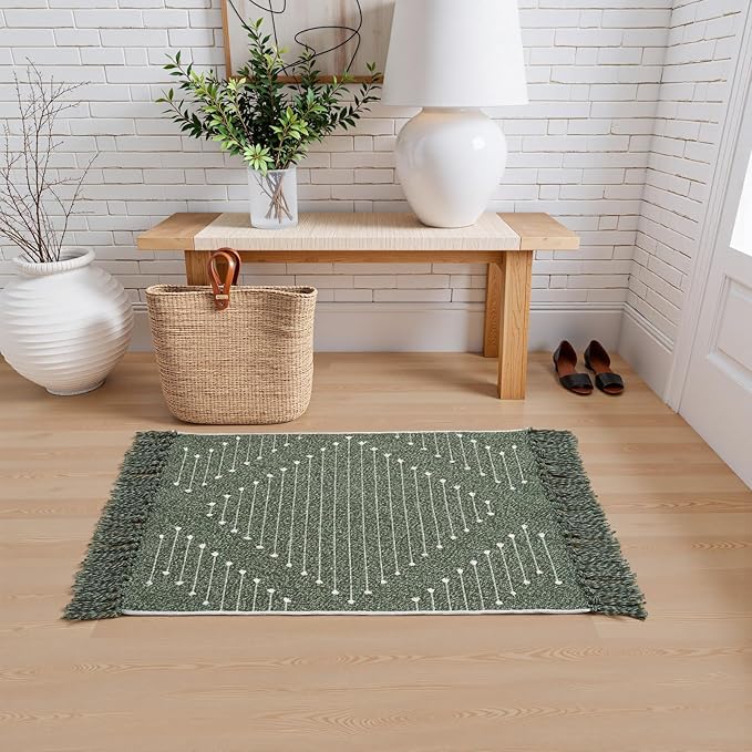 LIVEBOX Boho Green Bathroom Rug 2 x 3, Washable Bath Mat with Tassel Cotton Blend Woven Small Area Rug for for Entryway, Kitchen Sink,Front Door
