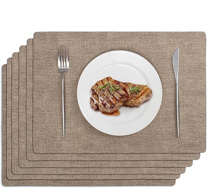 Softalker Faux Leather Placemats Set of 6-Vinyl Heat Resistant Place Mats, 100% Waterproof Oilproof Wipe Clean Table Mats for Indoor & Outdoor Use, 17’’×12’’, Khaki