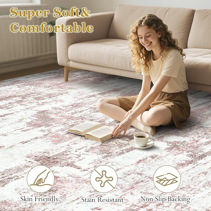 Area Rugs for Living Room: 8x10 Abstract Washable Rug Modern Neutral Large Soft Stain Resistant Non-Slip Backing Machine Table for Bedroom Dining Room Indoor Home Office Carpet - Pink