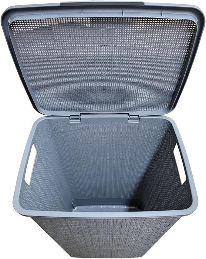 YBM Home Plastic Rattan Laundry Hamper Basket with Hinged Lid, Ventilation Holes, Durable, Lightweight Bin With Cutout Handles, Storage Dirty Clothes, Space Saver,16.75"x13.5"x23.75",Light Grey,3-Pack