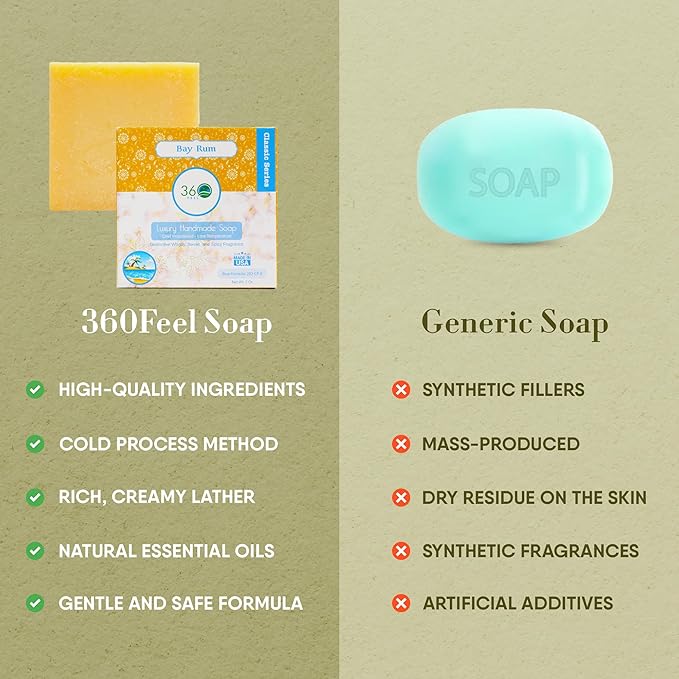 360Feel Bay Rum Soap - Handcrafted Castile Soap Bar with Spicy Scent - Handmade with Bay Rum Essential Oil for Men - A Gift for Anniversaries, Weddings, and Holiday Stockings - Rich Lather - 5 Ounce
