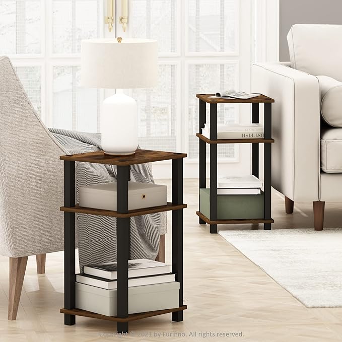 Furinno Just 3-Tier Turn-N-Tube End Table/Night Stand/Bedside Table, 2-Pack, Amber Pine/Black