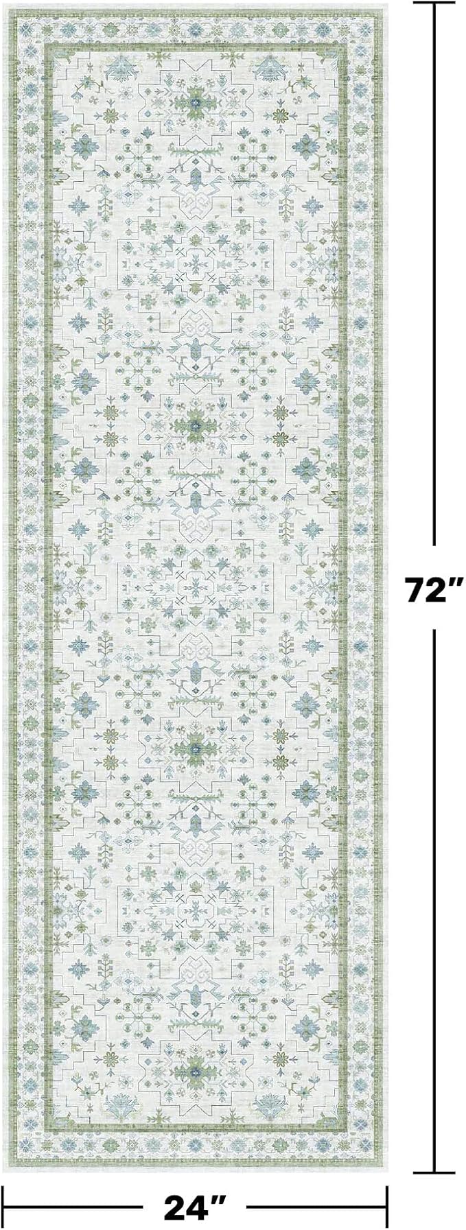 Blue and Green 2x6 Boho Bathroom Runner - Modern Vintage Eclectic Floral Pastel Geometric Oushak Runners, Washable Low Pile Non Slip Small Area Rugs for Kitchen, Hallway, Bedroom, Laundry, Powder Room