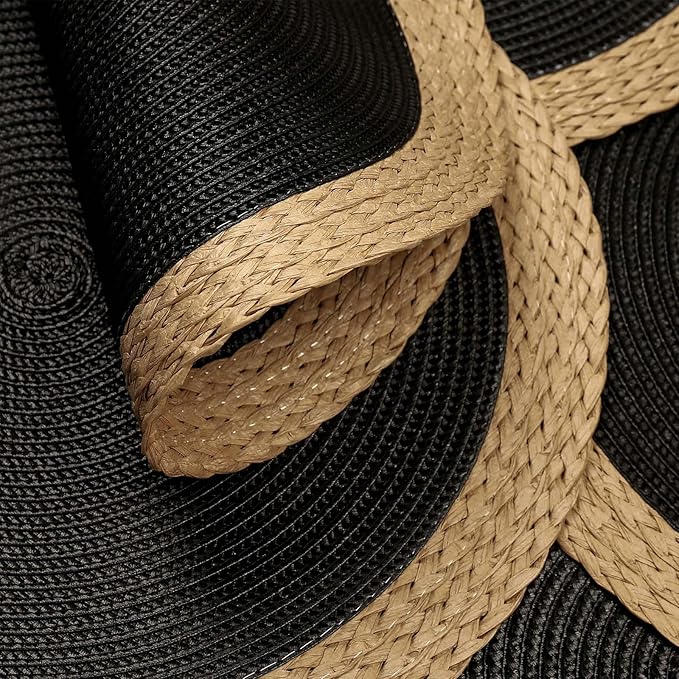 Noctiflorous Round Braided Placemats Set of 6 Table Mats 15 Inches Washable Heat Resistant for Dining Table Non-Slip Indoor Outdoor Place Mats for Thanksgiving Christmas Easter(Black Wide Edge 6)