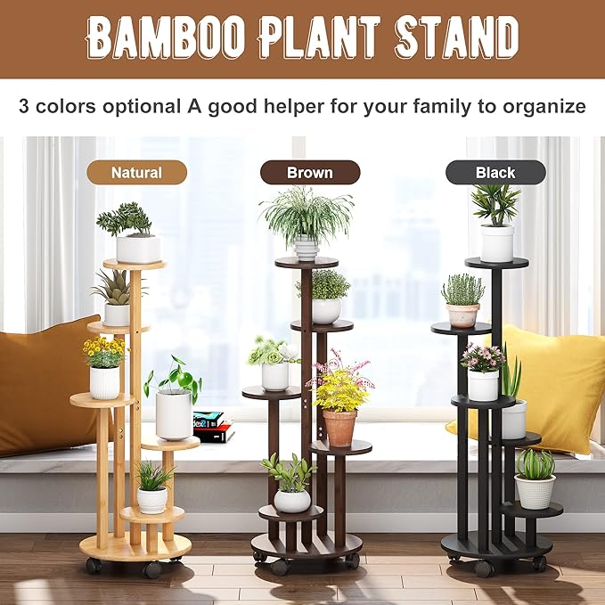 FILWH Plant Stand For Outdoor Indoor Tall Bamboo Flower Stand with Wheels Plant Shelf Pot Holder Plants Corner Display Rack for Balcony Garden Patio(Black)