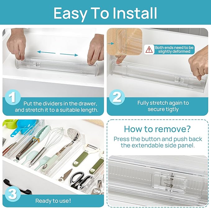 Vtopmart 8 Pack Shallow Drawer Dividers, 2.3" High 12.6"-21.2" Adjustable Expandable Kitchen Drawer Organizer, Clear Plastic Organizer Separators for Flatware, Utensil, Cutlery, Underwear, Clothes