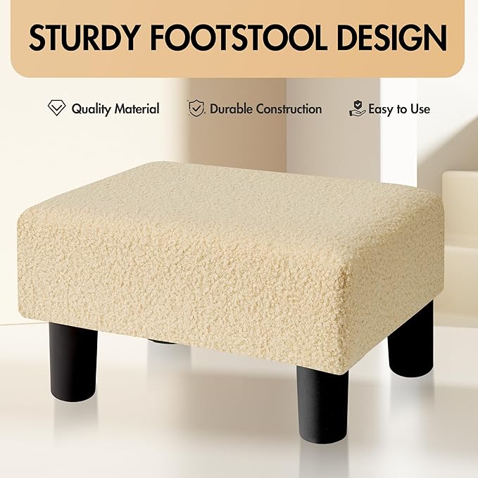BRIAN & DANY Small Foot Stool Ottoman, Footstool with Legs, Teddy Velvet Foot Rest for Living Room, Bedroom and Office, Beige