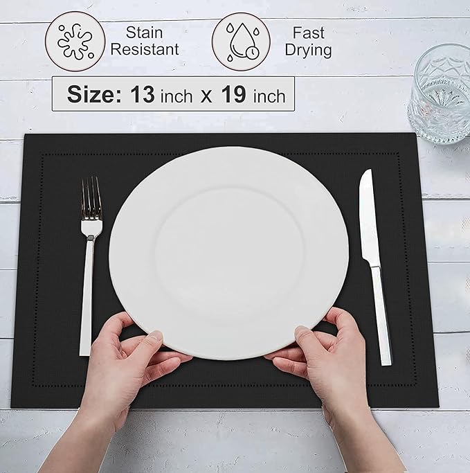 Ruvanti Linen Placemats Set of 6-13x19 Inch, Classic Hemstitch, Heat Resistant Machine Washable Place Mats, Soft & Elegant- Perfect for Christmas, Thanksgiving, Easter, Weddings, Dinner - Black