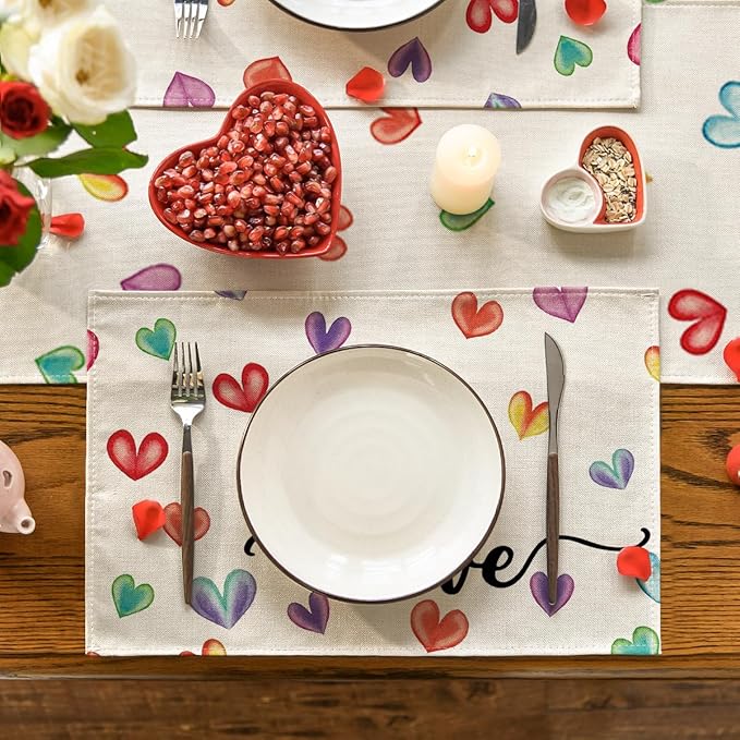 Artoid Mode Multicolor Love Hearts Valentine Placemats Set of 4, 12x18 Inch Seasonal Anniversary Holiday Table Mats for Party Kitchen Dining Decoration