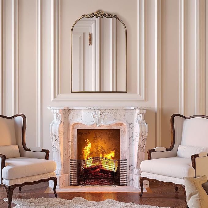 Ornate Baroque Vintage Gold Mirror - 24"X36" Arched Antique Brass Mirror with Full Metal Frame - Perfect for Entryway, Fireplace, Living Room, Hallway, or Bathroom Décor