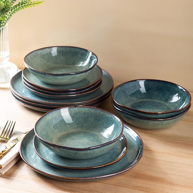 AmorArc Ceramic Dinnerware Sets,Handmade Reactive Glaze Stoneware Plates and Bowls Sets,Highly Chip and Crack Resistant | Dishwasher & Microwave Safe Dishes Set,Service for 6 (18pc)