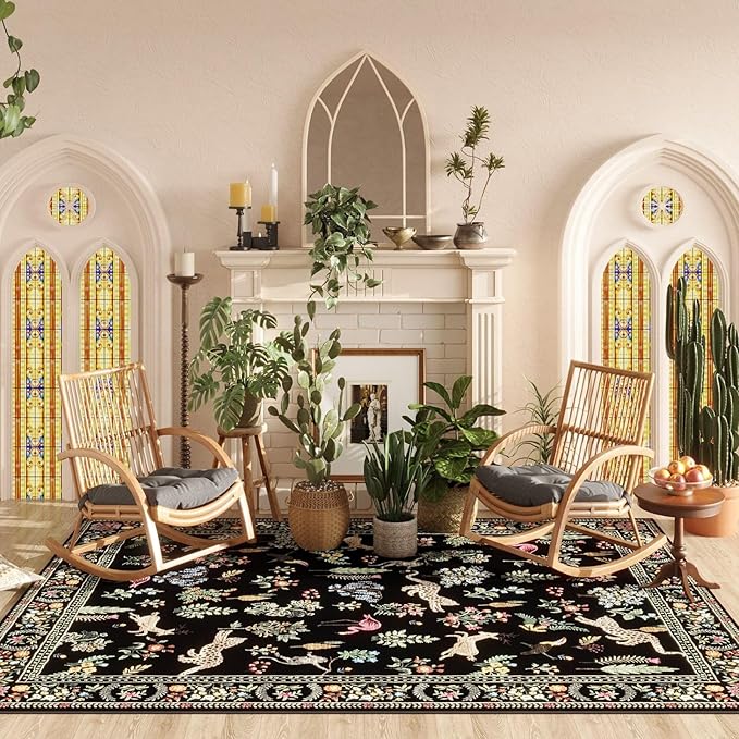 Living Room Rug 6x9 Rug Machine Washable Boho Area Rug Non Slip Floral Animal Vintage Low Pile Large Rug for Living Room, Bedroom, Farmhouse, Dining Room, Kids Playroom (Black)