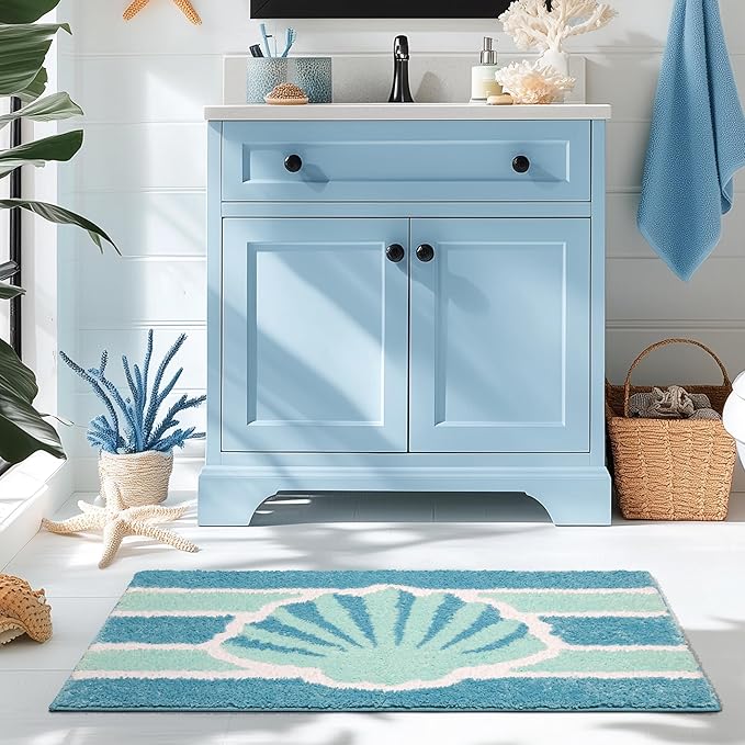 Blue Beach Bathroom Rugs Non Slip Washable Small Cute Coastal Bath Mats Rugs for Bathroom Floor Nautical Fluffy Plush Soft Absorbent Farmhouse Carpet for Shower, Tub, 20x32 inch