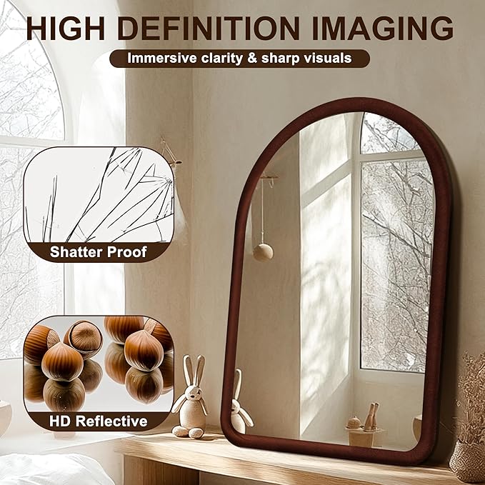 36"x24" Arched Bathroom Mirror, Wall Mounted Vanity Plush Flannel Frame Mirror for Bedroom, Entryway, Living Room, Dark Brown