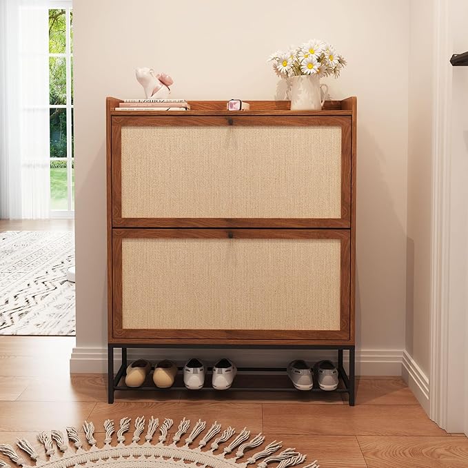 AVZEAR Narrow Shoe Storage Cabinet for Entryway with 2 Flip Drawers, Freestanding Shoe Cabinet with Natural Linen Panel, Slim Wood Shoe Organizer Closed Shoe Rack for Hallway, Foyer(Walnut)