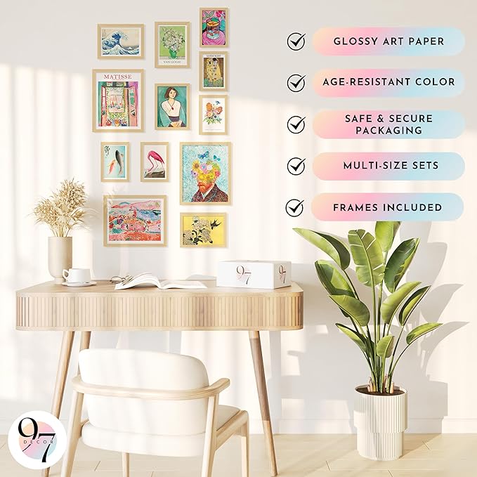97 Decor Eclectic FRAMED Wall Art Set - Colorful Eclectic Decor, Retro Colorful Wall Art Prints, Trendy Maximalist Decoration Aesthetic Pictures Gallery Wall Prints, Famous Artist Posters For Bedroom (BEIGE FRAME)