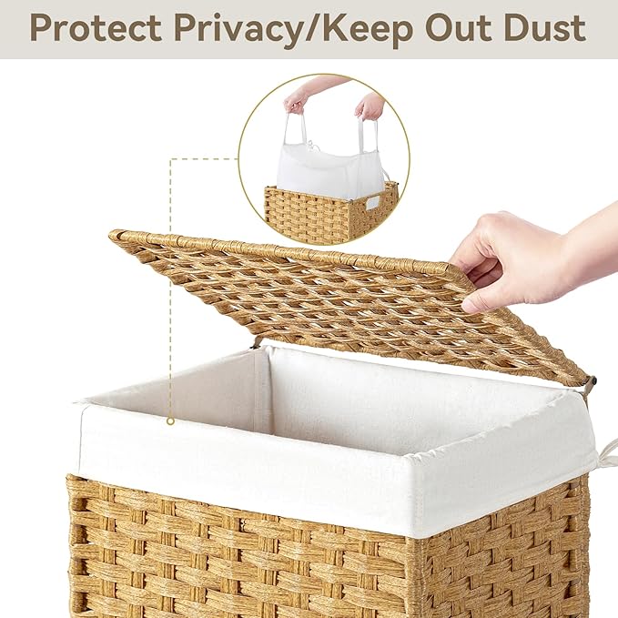 Chrislley 90L Slim Laundry Hamper with Wheels,Rolling Laundry Basket with Lid and Renovable Liner Bag,Handwoven Rattan Organizer for bedroom, bathroom, laundry room (Yellow)
