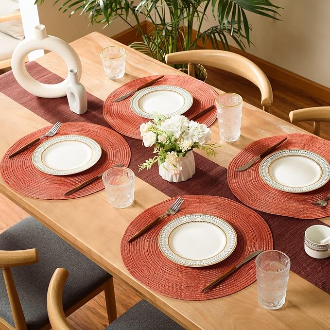 FunWheat Round Braided Placemats Set of 8 Place mats for Dining Tables Woven Heat Resistant Table Mats 15 inch for Fall(Orange,8pcs)