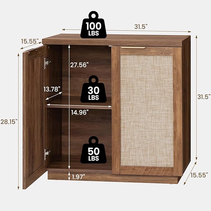 HOMMPA Rattan Sideboard Buffet Kitchen Storage Cabinet with Doors Boho Large Wood Cabinet with Adjustable Shelves for Dining Room Kitchen Living Room Hallway Entry Natural Brown
