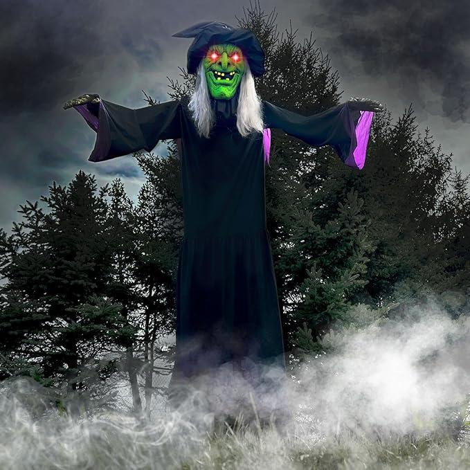 Haunted Hill Farm 15-ft. Animatronic Scary Talking Witch with Touch Activated Lights and Sound, Battery-Operated Outdoor Halloween Decoration