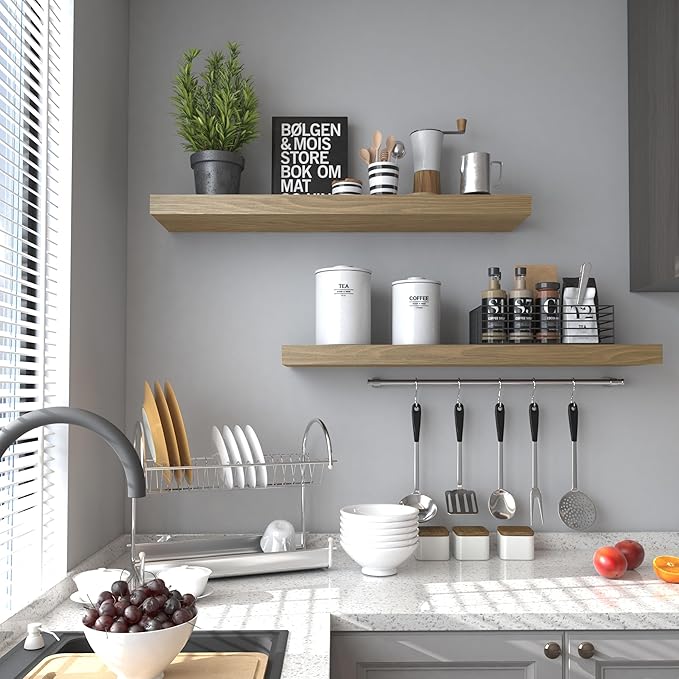 Floating Shelves for Wall - 24 x 9 Inch Natural Wood Shelves for Bathroom, Bedroom, Kitchen Decor, Farmhouse Decor Set of 2