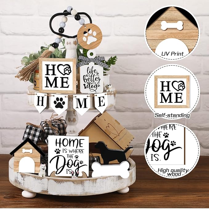 Set of 11 Farmhouse Tiered Tray Decor Rustic Home Tiered Tray Decorations Set Home Wooden Signs Bone Dog Paw Farmhouse Tabletop Wood Signs for Kitchen Table Shelf Decor