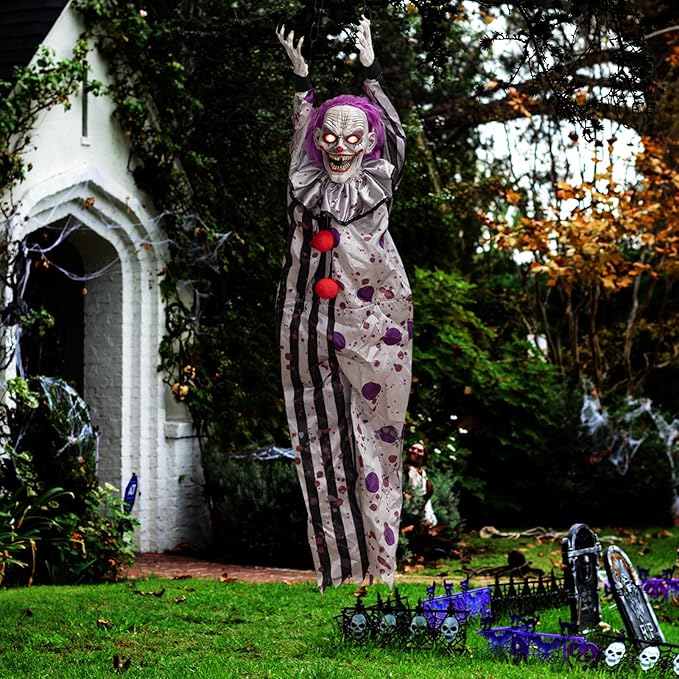 HollyHOME Halloween Animated Hanging Clown with Glowing Eyes Creepy Sound and Shaking Body Halloween Decorations Outdoor Scary Haunted House Outdoor Prop Decor 60’’