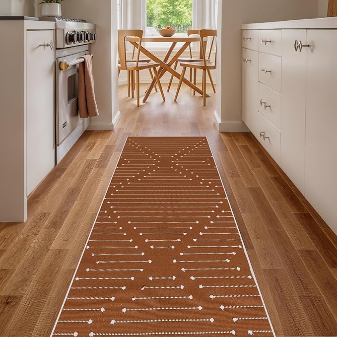 LIVEBOX Burnt Orange Runner Rug 2'x6' Boho Washable Rug for Hallway, Moroccan Woven Entryway Throw Area Rug Indoor Cotton Mat for Kitchen Bedroom Laundry Bathroom Entry