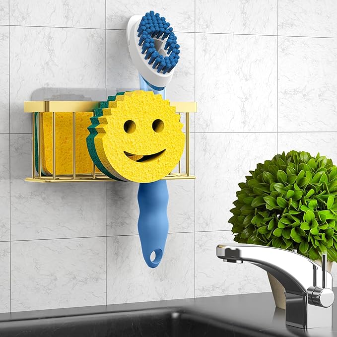 Sponge Holder Smiley Face, Sink Caddy for Kitchen Sink, Sink Organizer Sponge Holder with 2 PCS Suction Cups/1 PCS Adhesive Strips, Designed for Sponge, Soap, Dish Brush, Scrubber-Gold