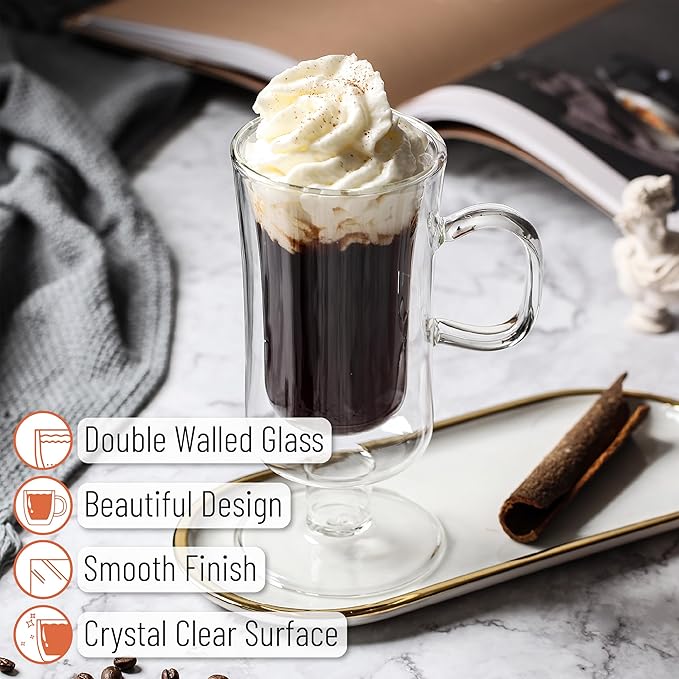 BTaT- Irish Coffee Mug, Coffee Glass, Set of 4 (10oz, 300ml), Double Wall Glass Irish Coffee Cup, Tea Cups, Latte Cups, Glass Coffee Mug, Beer Glasses, Latte Mug, Clear Mugs, Christmas Gifts